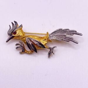 Vtg Road Runner Two Tone Gold Silver Brooch Pin with articulated wing